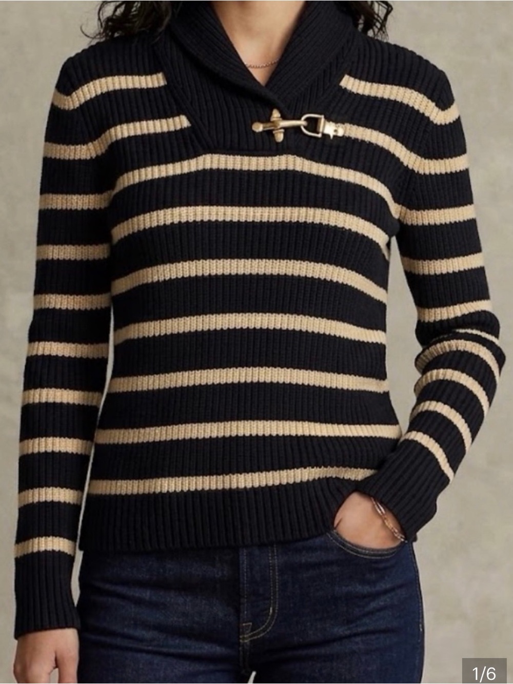 Lauren Ralph Lauren Black & Gold Striped Shawl-Collar Sweater